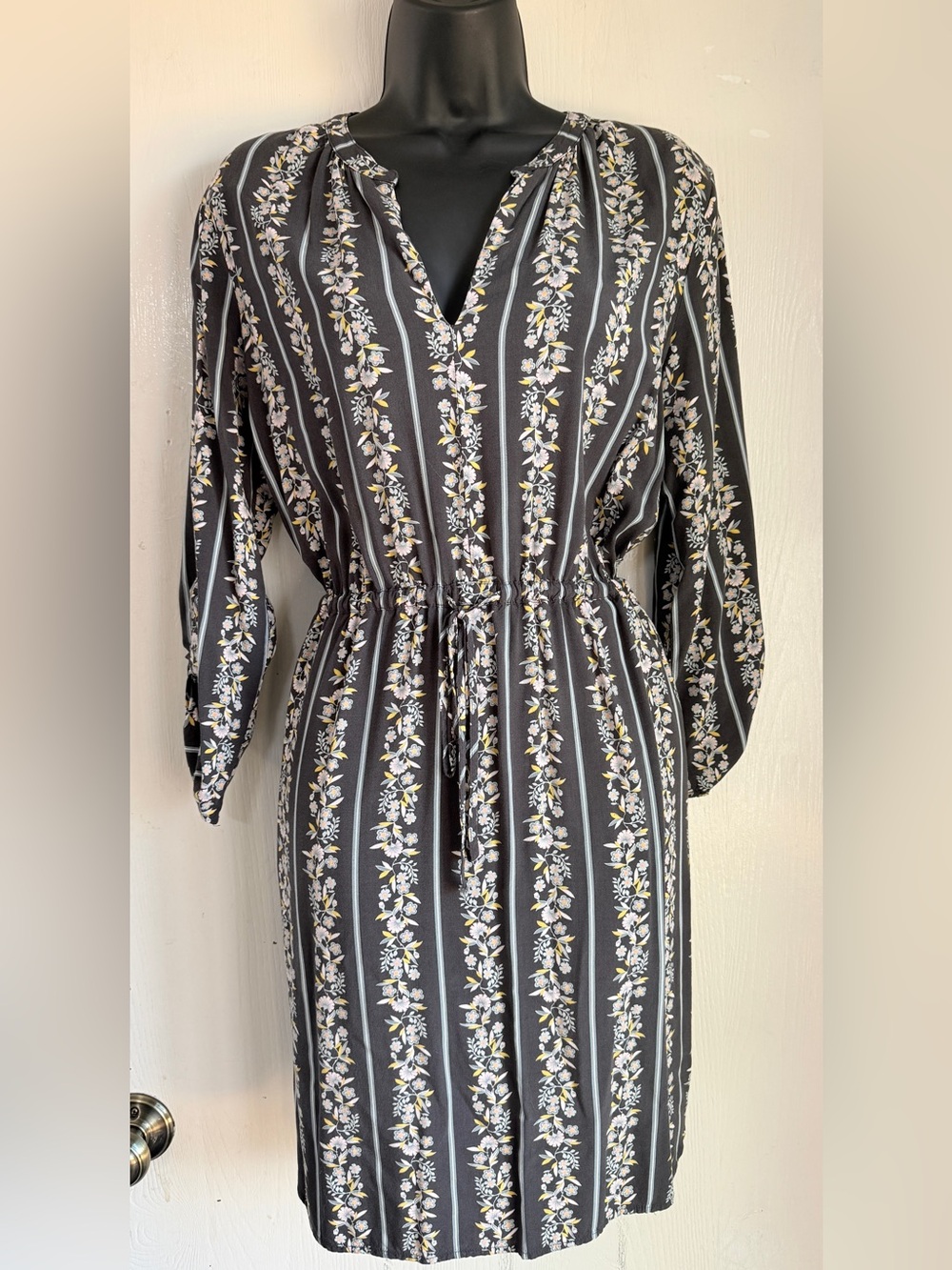 LOFT Gray Striped Floral Tie-Waist Midi Dress